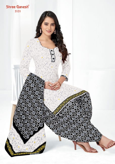 Shree Ganesh White And Black Printed Cotton Dress Material Catalog